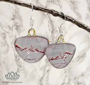 Light grey and deep red feminine dangle earrings.