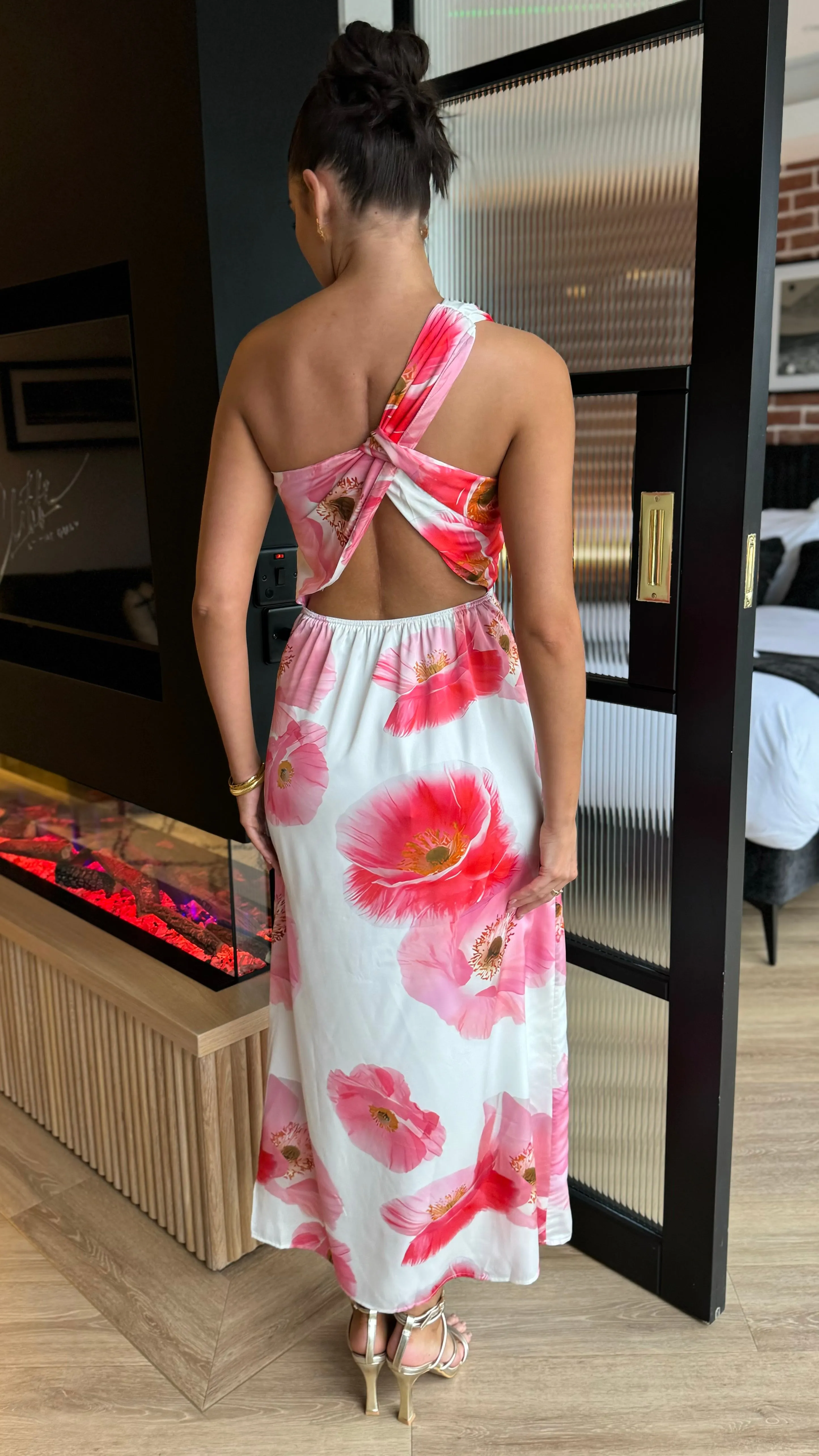 Lisa Cream & Pink Floral Print One Shoulder Open Back Twist Detail Midi Dress