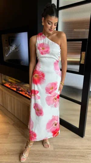 Lisa Cream & Pink Floral Print One Shoulder Open Back Twist Detail Midi Dress
