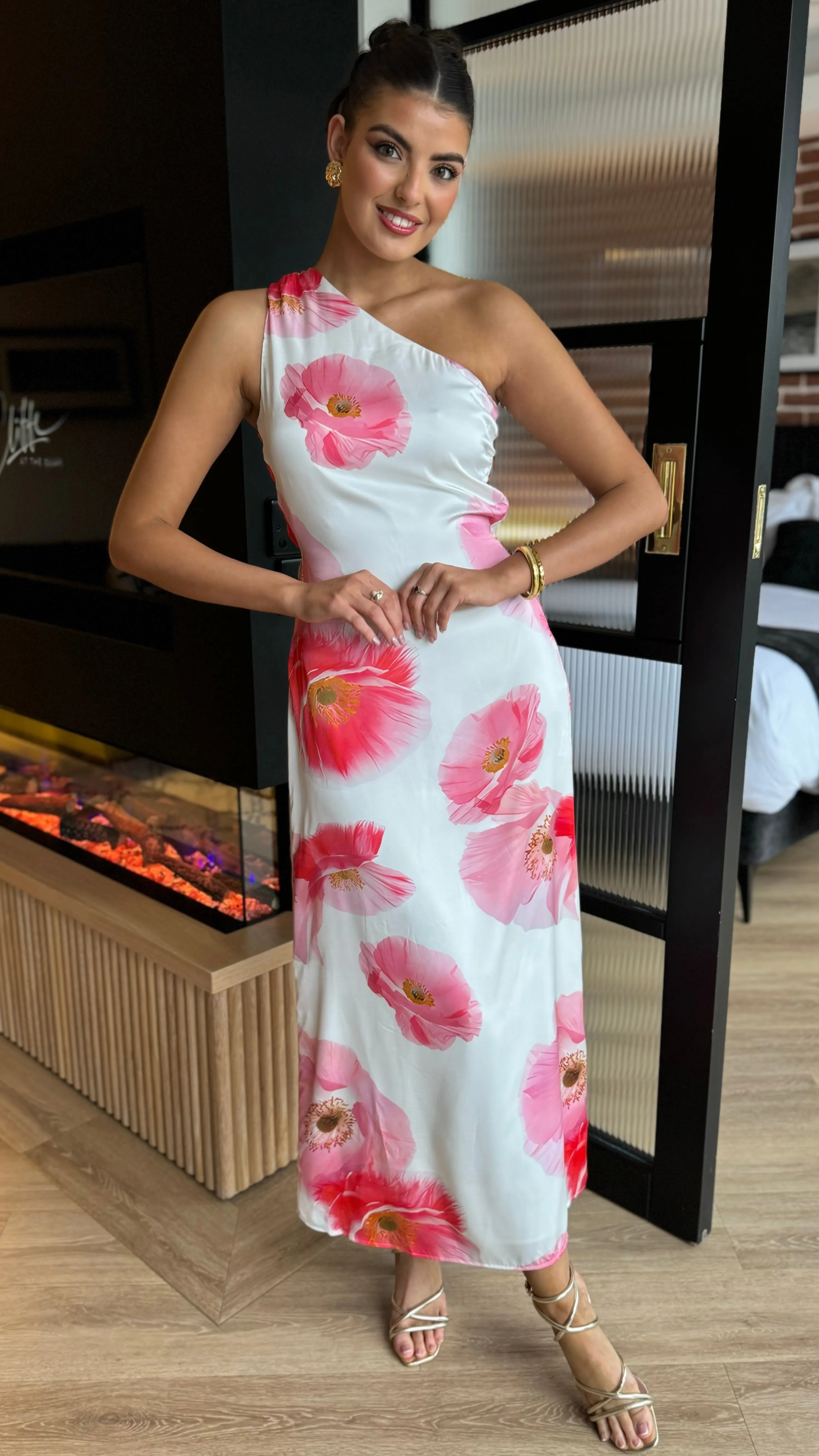Lisa Cream & Pink Floral Print One Shoulder Open Back Twist Detail Midi Dress