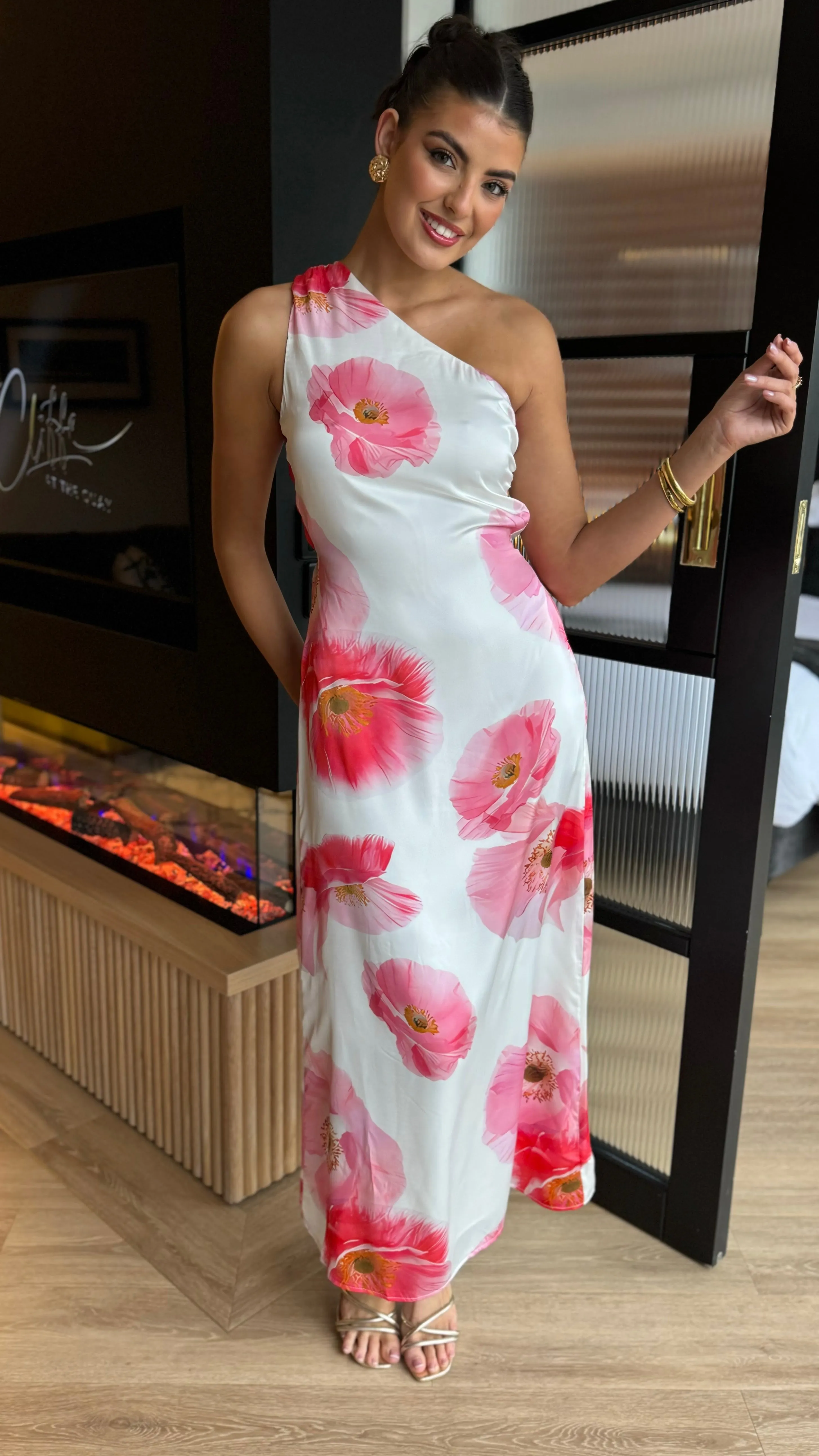 Lisa Cream & Pink Floral Print One Shoulder Open Back Twist Detail Midi Dress