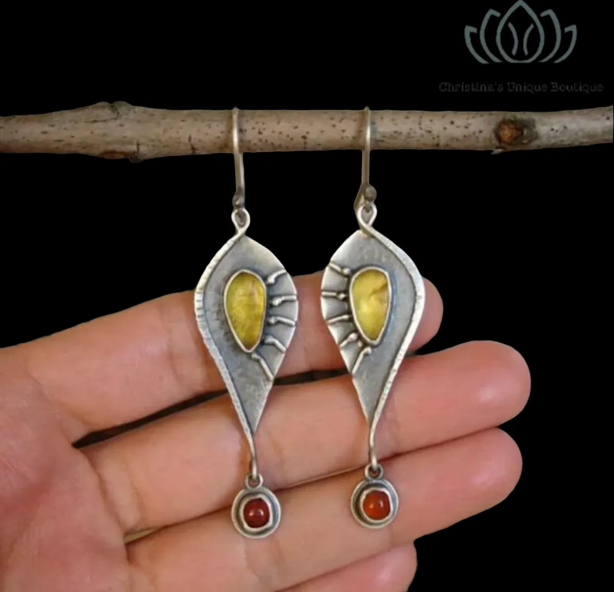 Lovely retro style yellow and red rhinestone decor dangle earrings