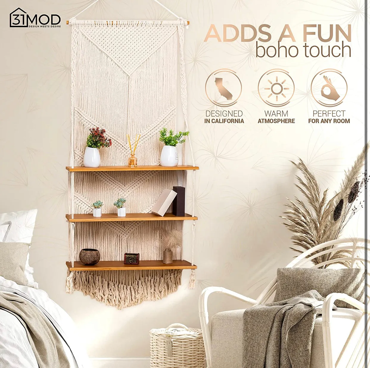 Macrame Wall Hanging Shelf with Enhanced Solid Wood Shelves