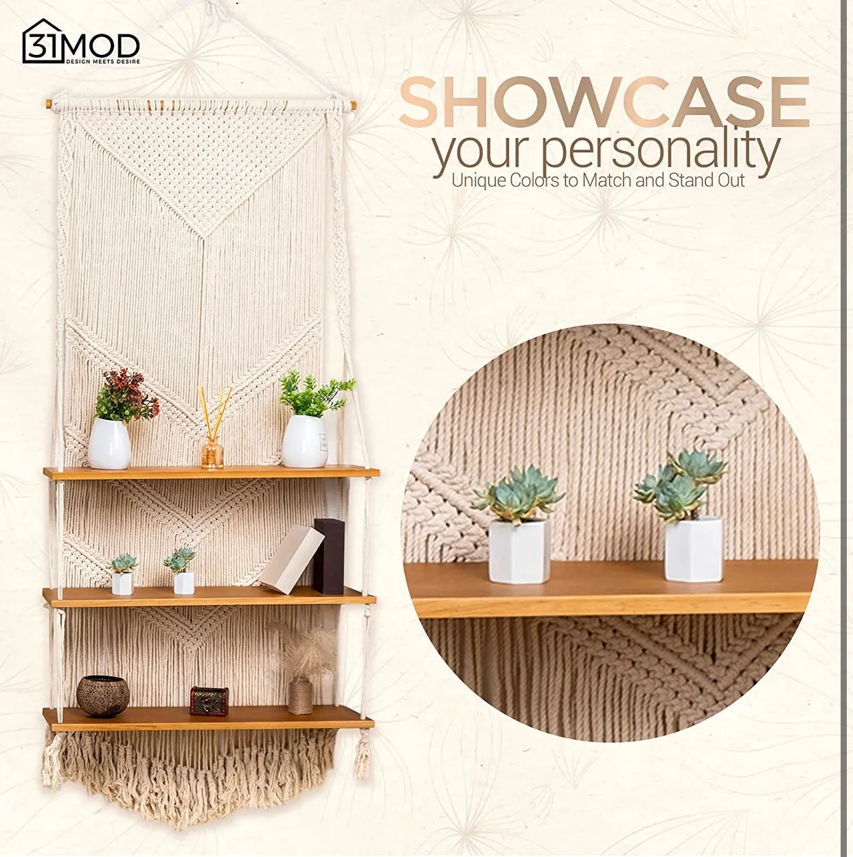 Macrame Wall Hanging Shelf with Enhanced Solid Wood Shelves