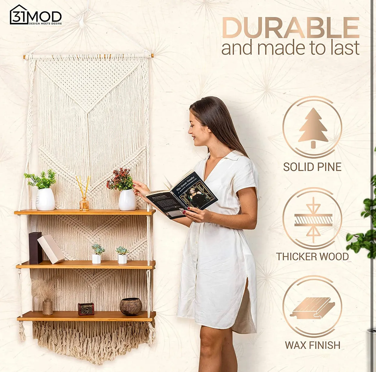 Macrame Wall Hanging Shelf with Enhanced Solid Wood Shelves
