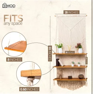 Macrame Wall Hanging Shelf with Enhanced Solid Wood Shelves