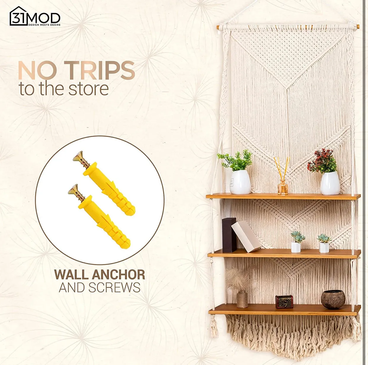 Macrame Wall Hanging Shelf with Enhanced Solid Wood Shelves