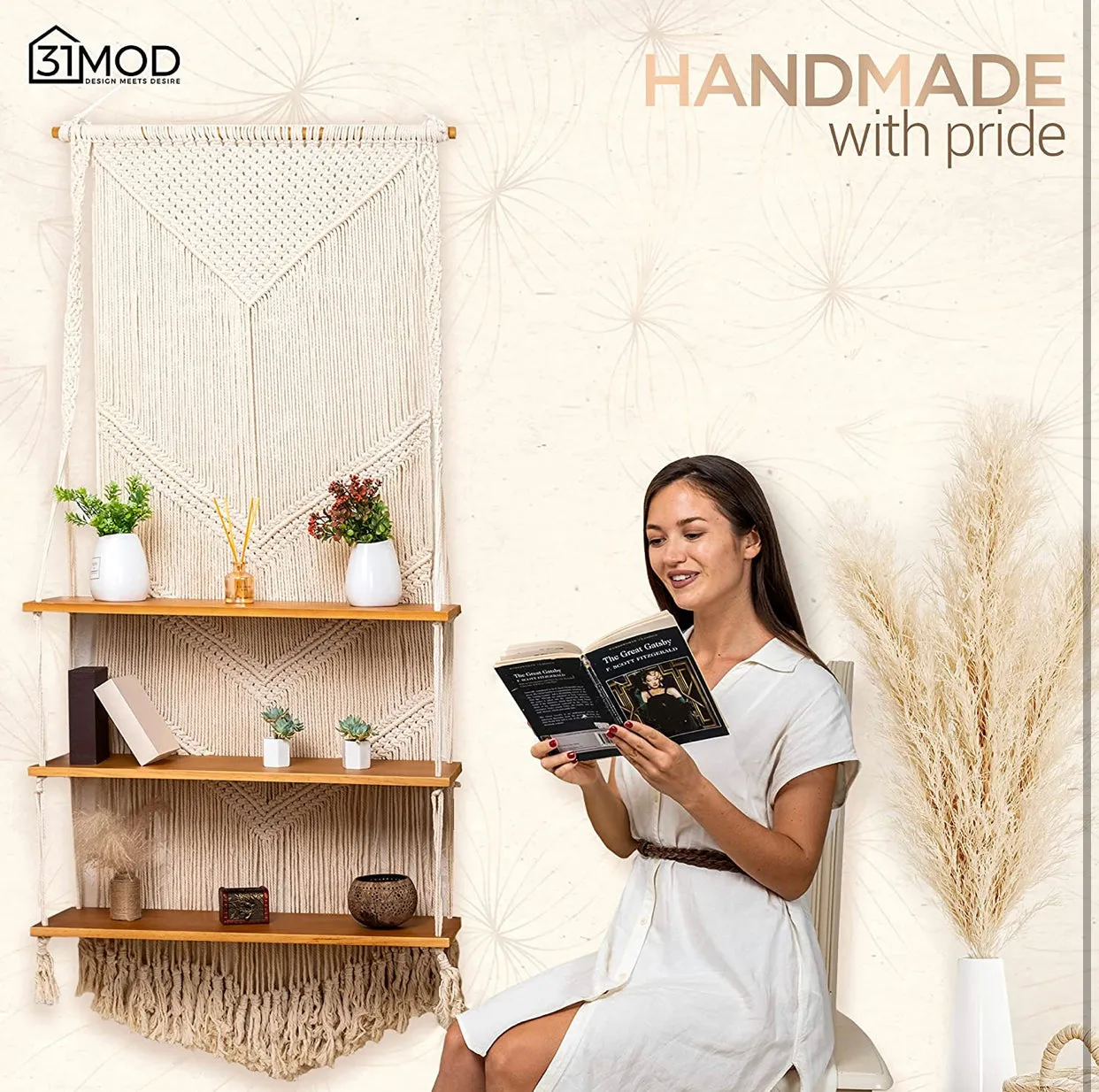 Macrame Wall Hanging Shelf with Enhanced Solid Wood Shelves