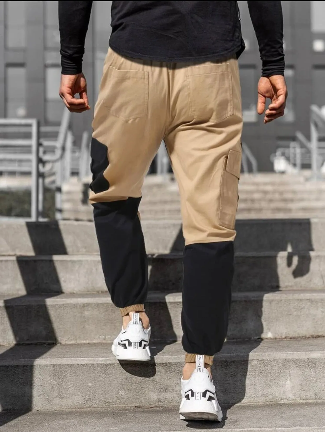 Men’s color block black and beige drawstring cargo pants