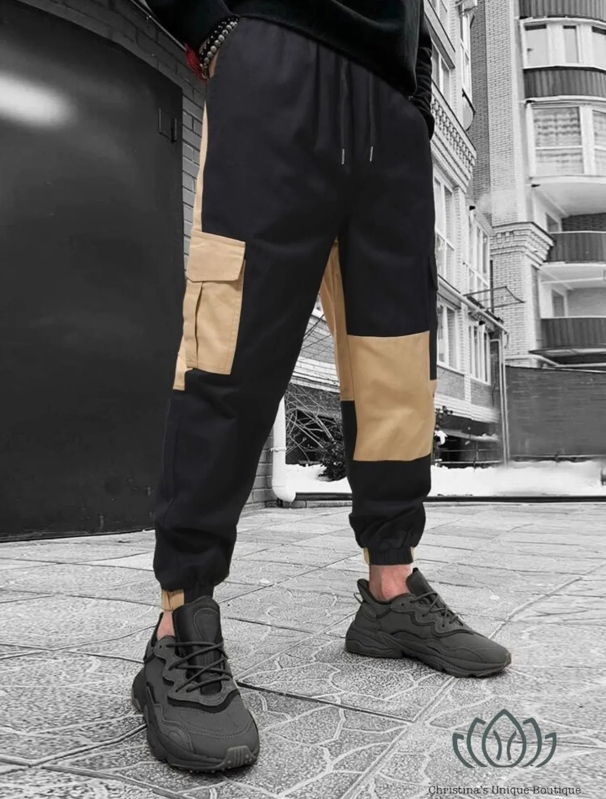 Men’s color block black and beige drawstring cargo pants