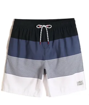 Men’s Colorblock Striped Print Drawstring Waist Swim Trunks