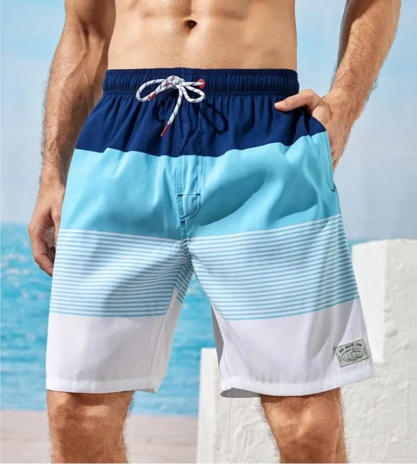Men’s Colorblock Striped Print Drawstring Waist Swim Trunks