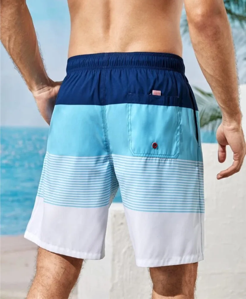 Men’s Colorblock Striped Print Drawstring Waist Swim Trunks