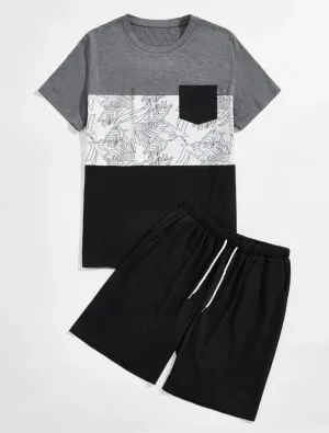 Men’s plant print color block tee with lounge shorts