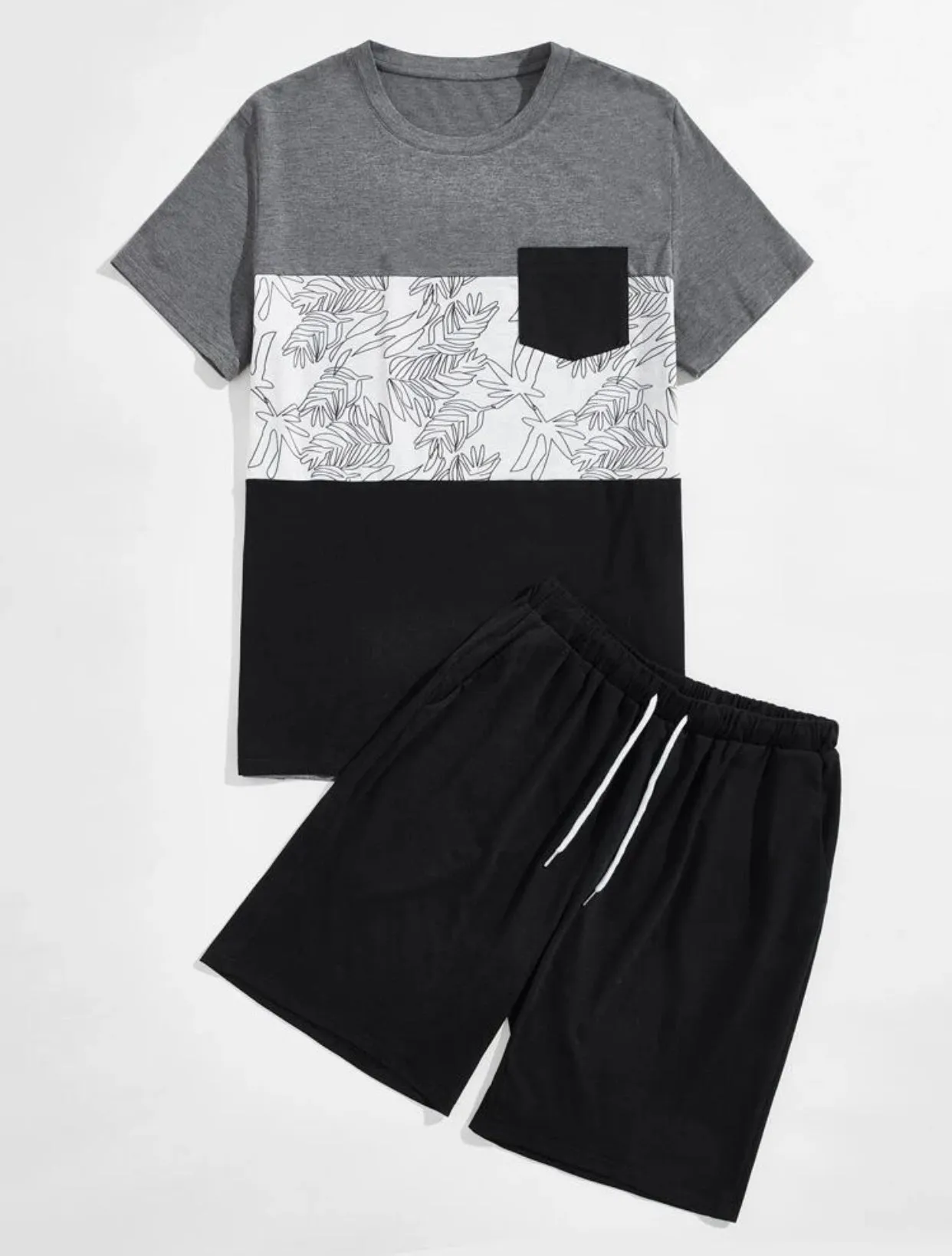 Men’s plant print color block tee with lounge shorts