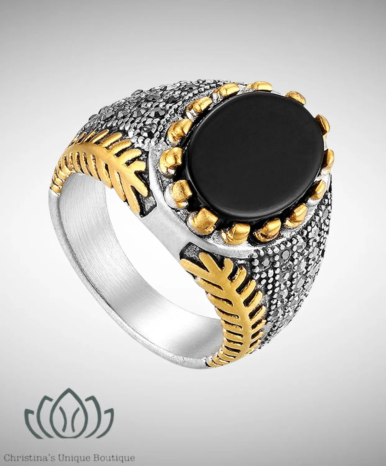 Men’s signet, vintage black onyx stone (inlay). 100% stainless steel.