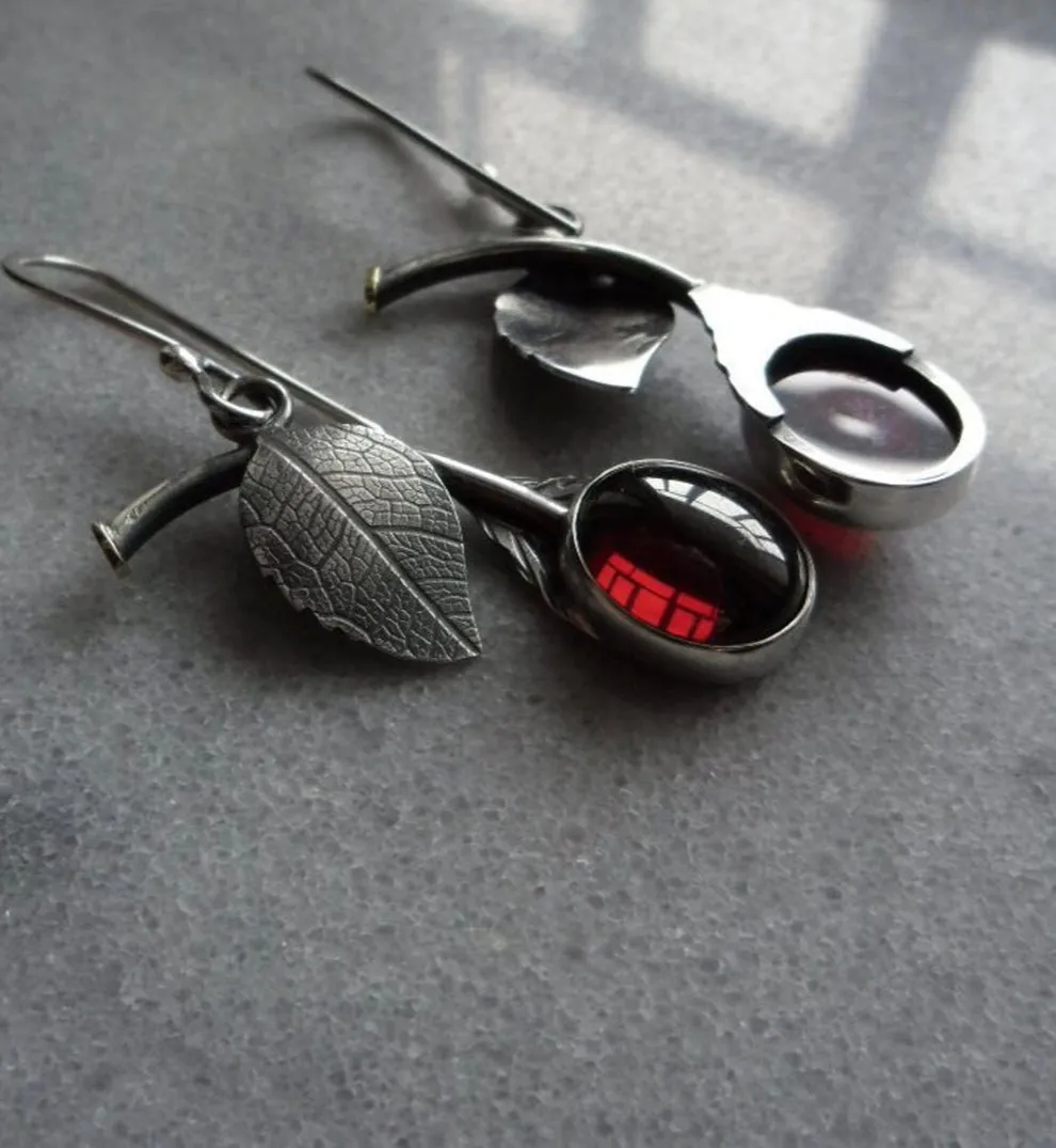 Red stone cherry decor silver plated earrings