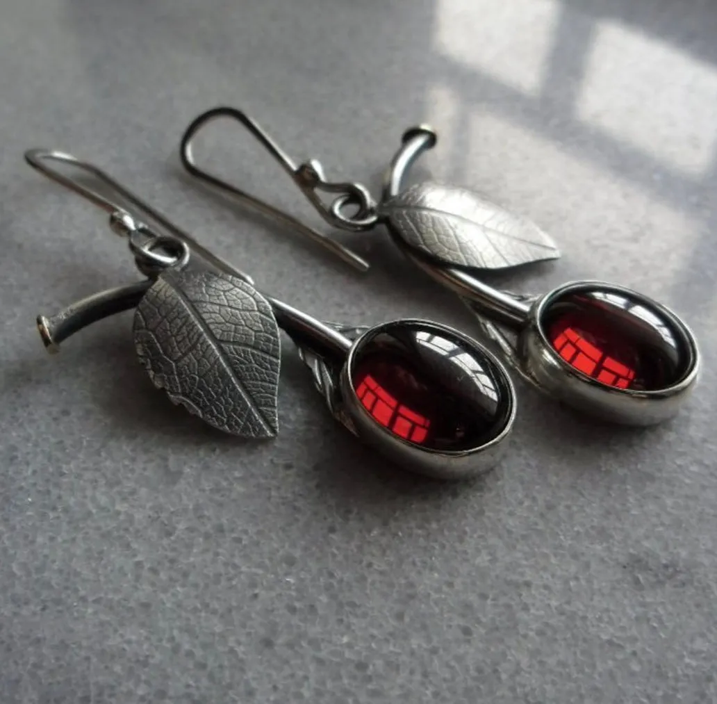 Red stone cherry decor silver plated earrings