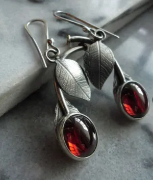 Red stone cherry decor silver plated earrings