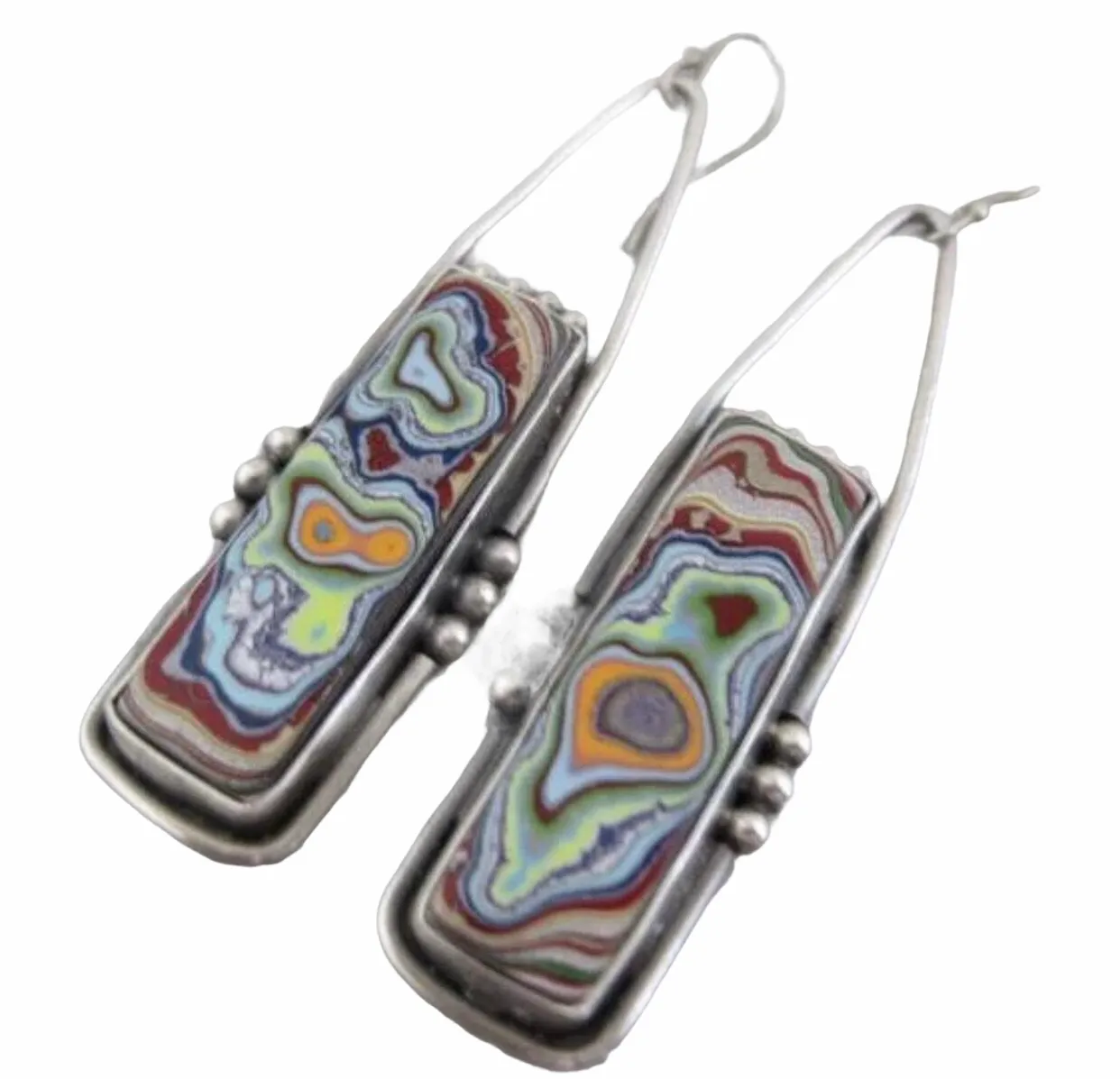 Retro oblong fordite geometric colorful glazed marble dangle earrings.