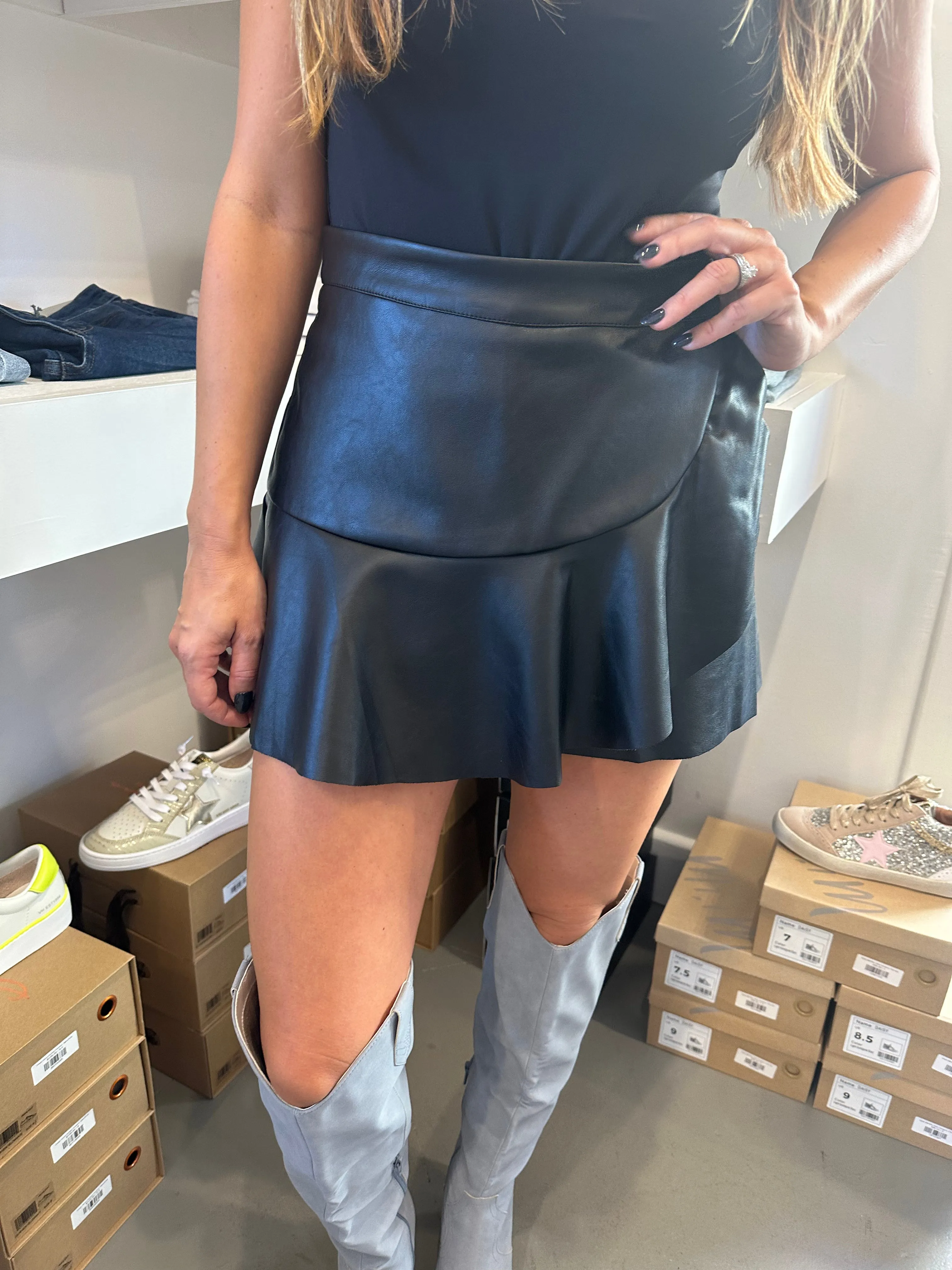 Riot Faux Leather Ruffle Skort- Black