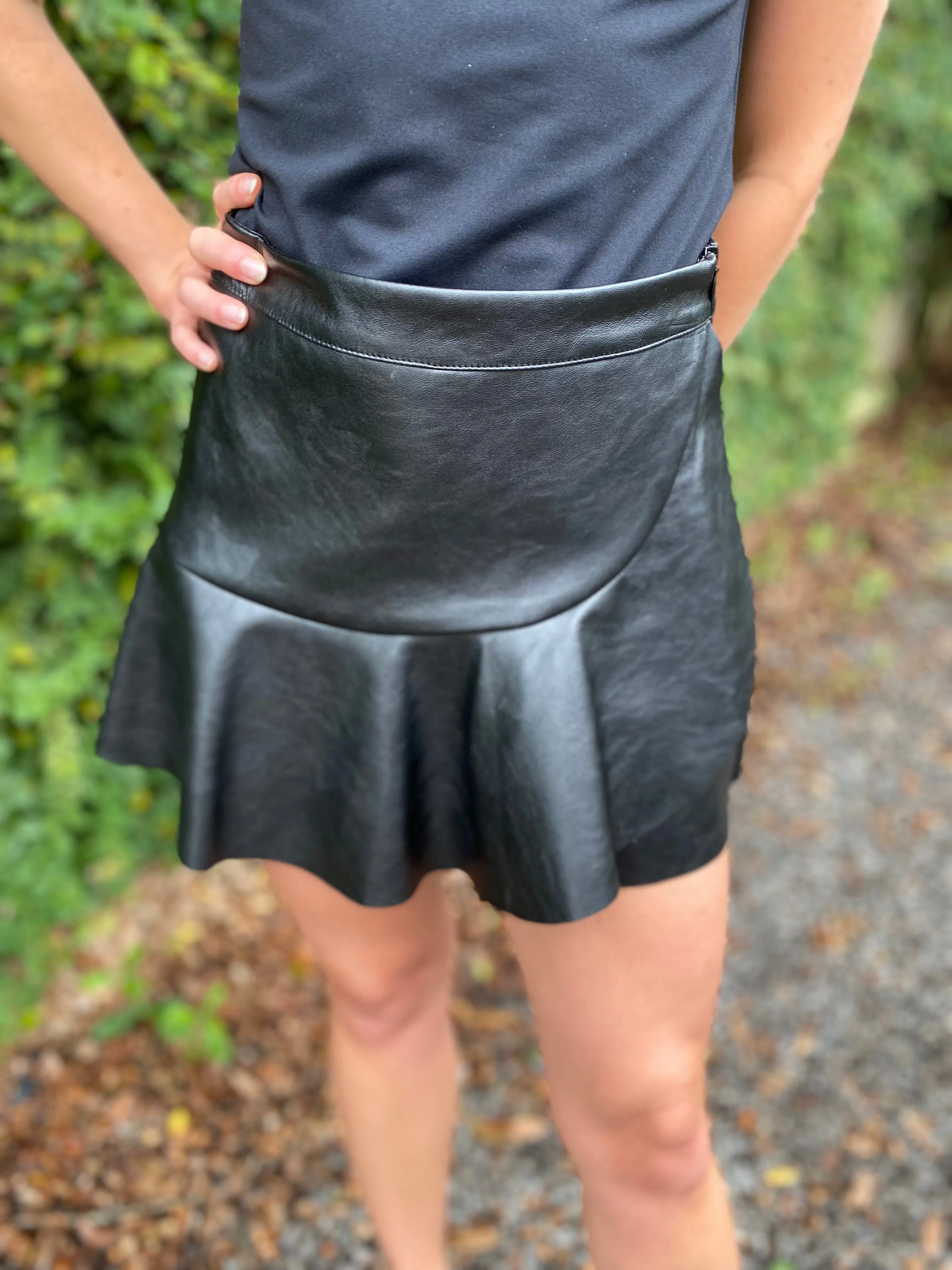 Riot Faux Leather Ruffle Skort- Black