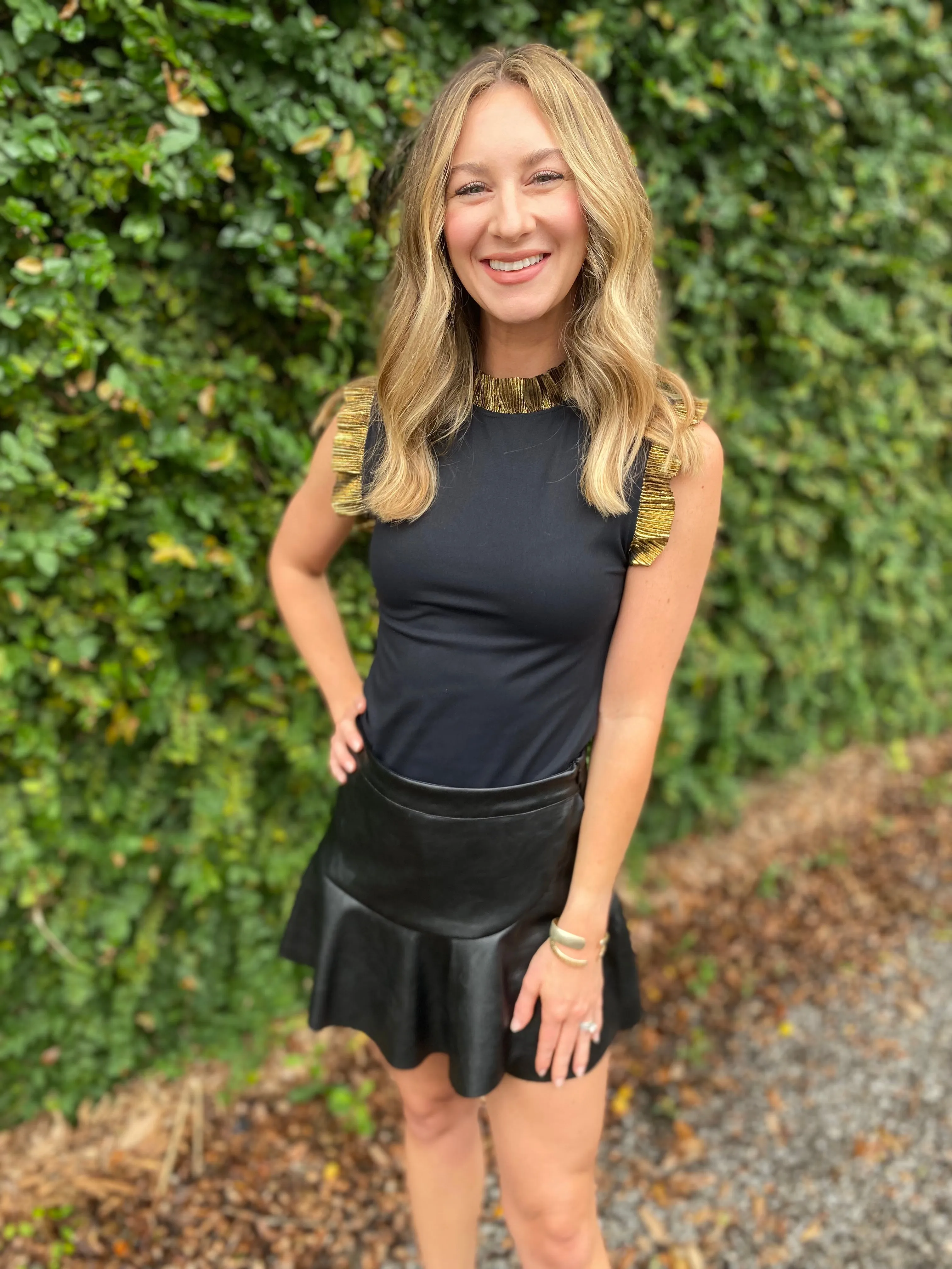 Riot Faux Leather Ruffle Skort- Black