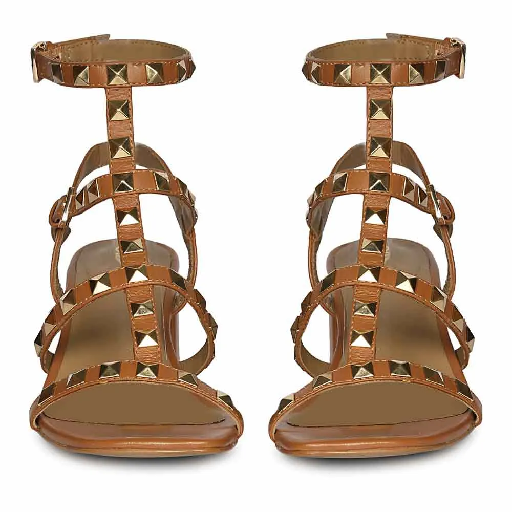 Saint Angela Tan Leather Metal Studded Block Heels