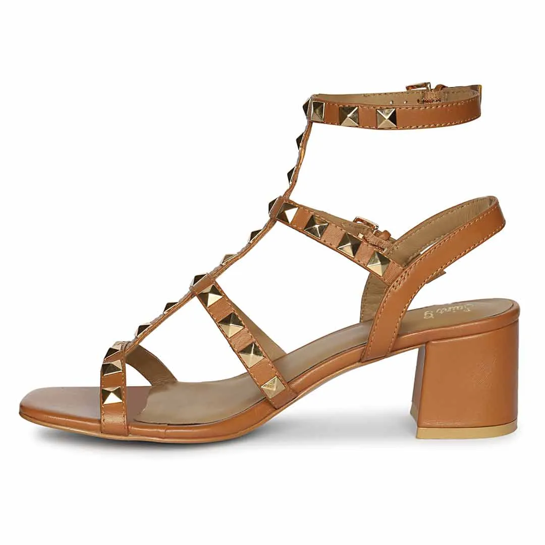 Saint Angela Tan Leather Metal Studded Block Heels