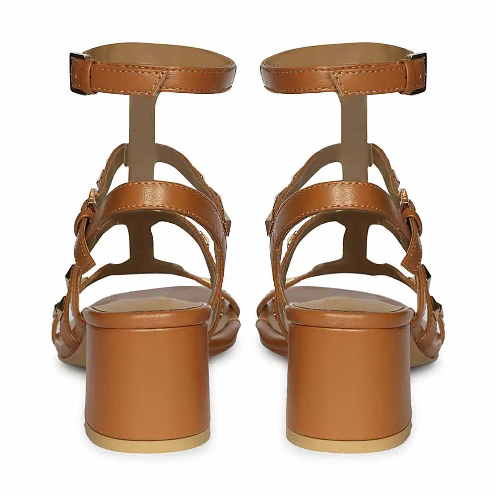 Saint Angela Tan Leather Metal Studded Block Heels