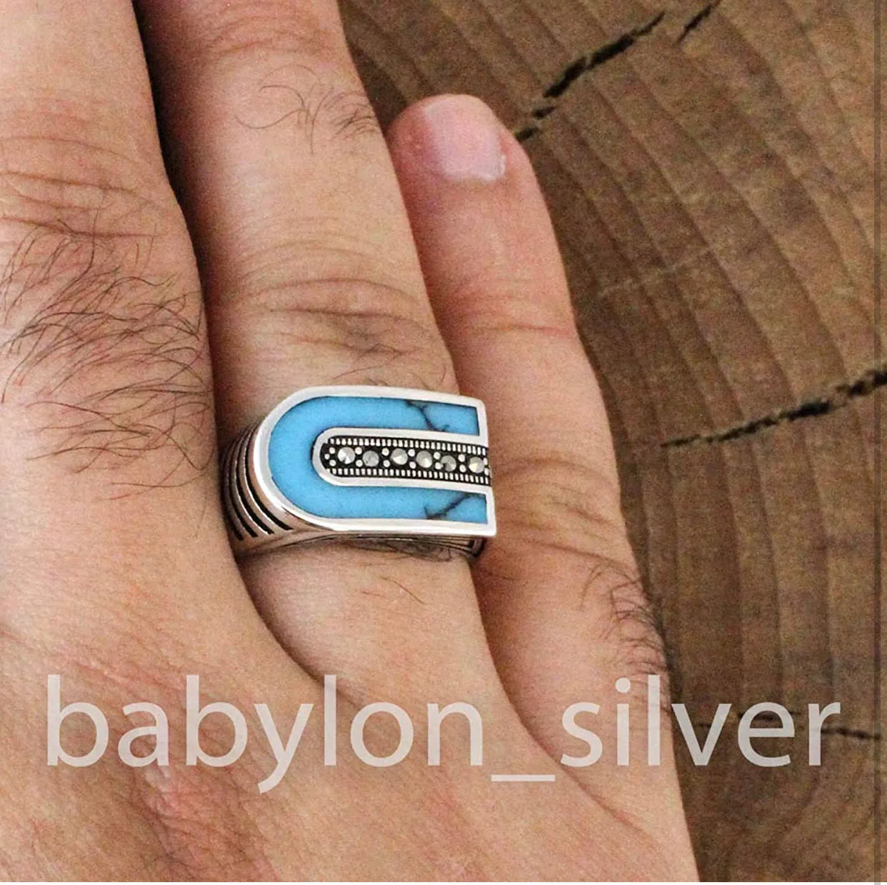 Solid 925 Sterling Silver Turkish Handmade Marcasite & Simulated Turquoise Luxury Men's Ring