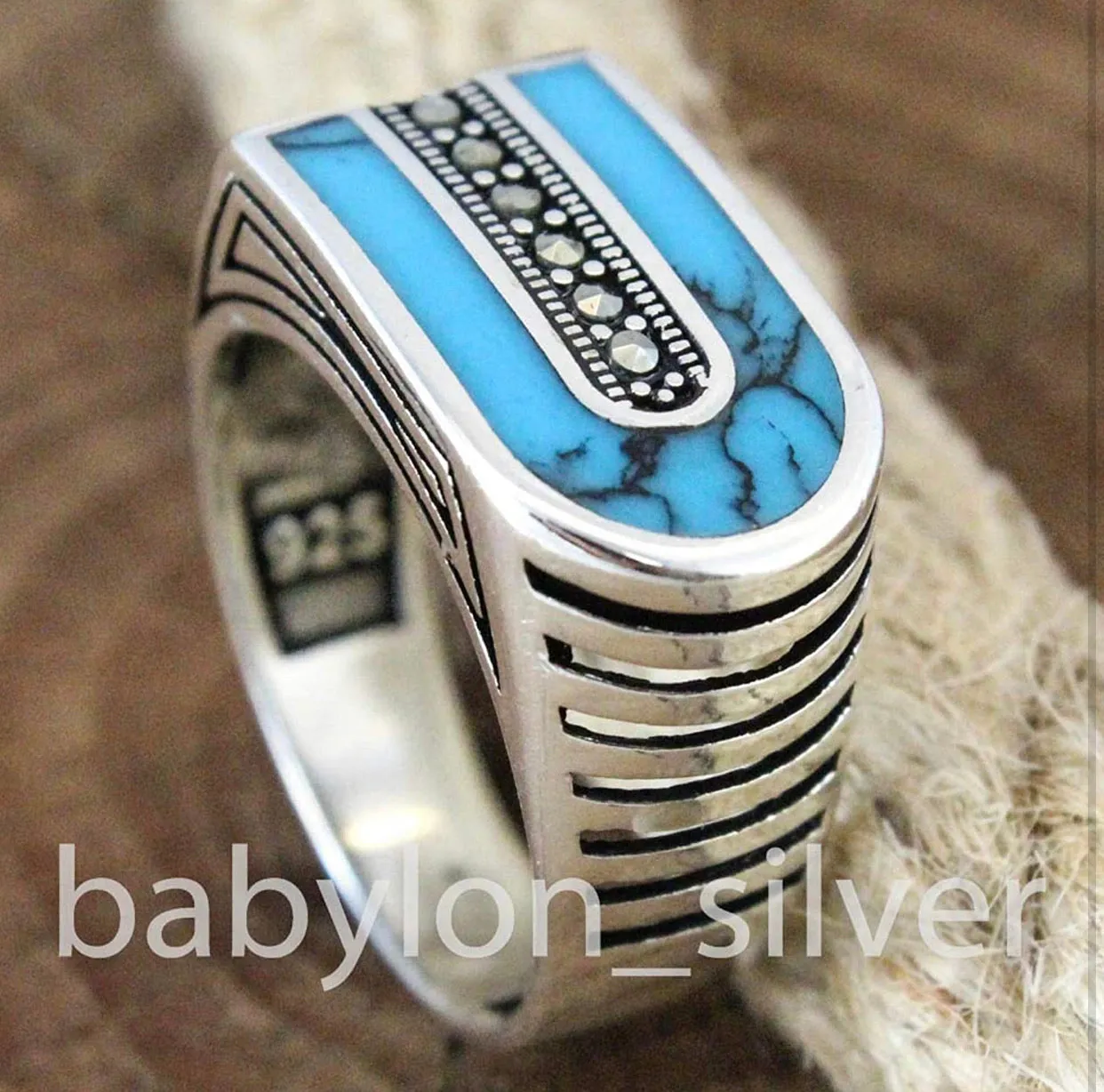 Solid 925 Sterling Silver Turkish Handmade Marcasite & Simulated Turquoise Luxury Men's Ring