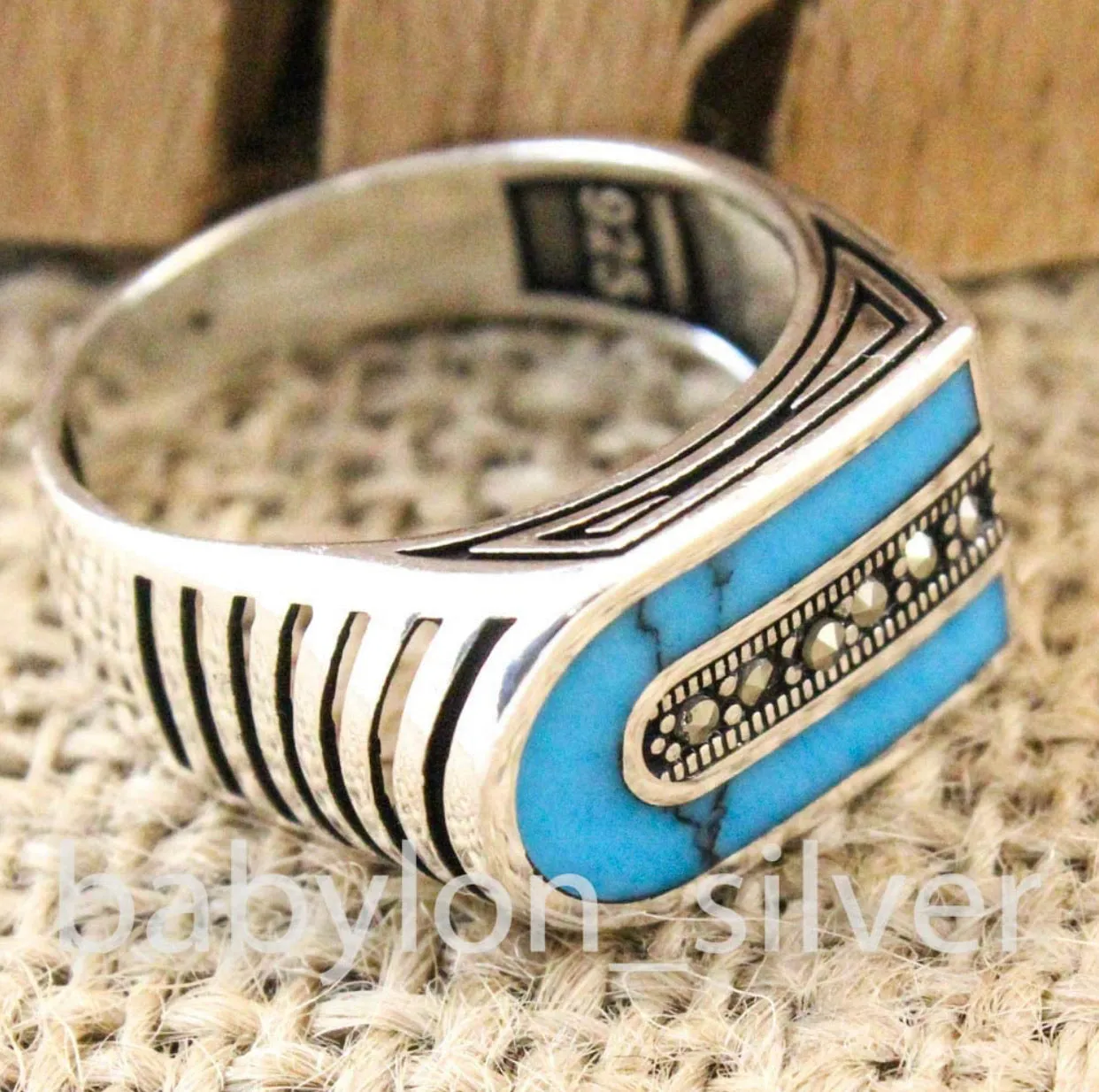 Solid 925 Sterling Silver Turkish Handmade Marcasite & Simulated Turquoise Luxury Men's Ring