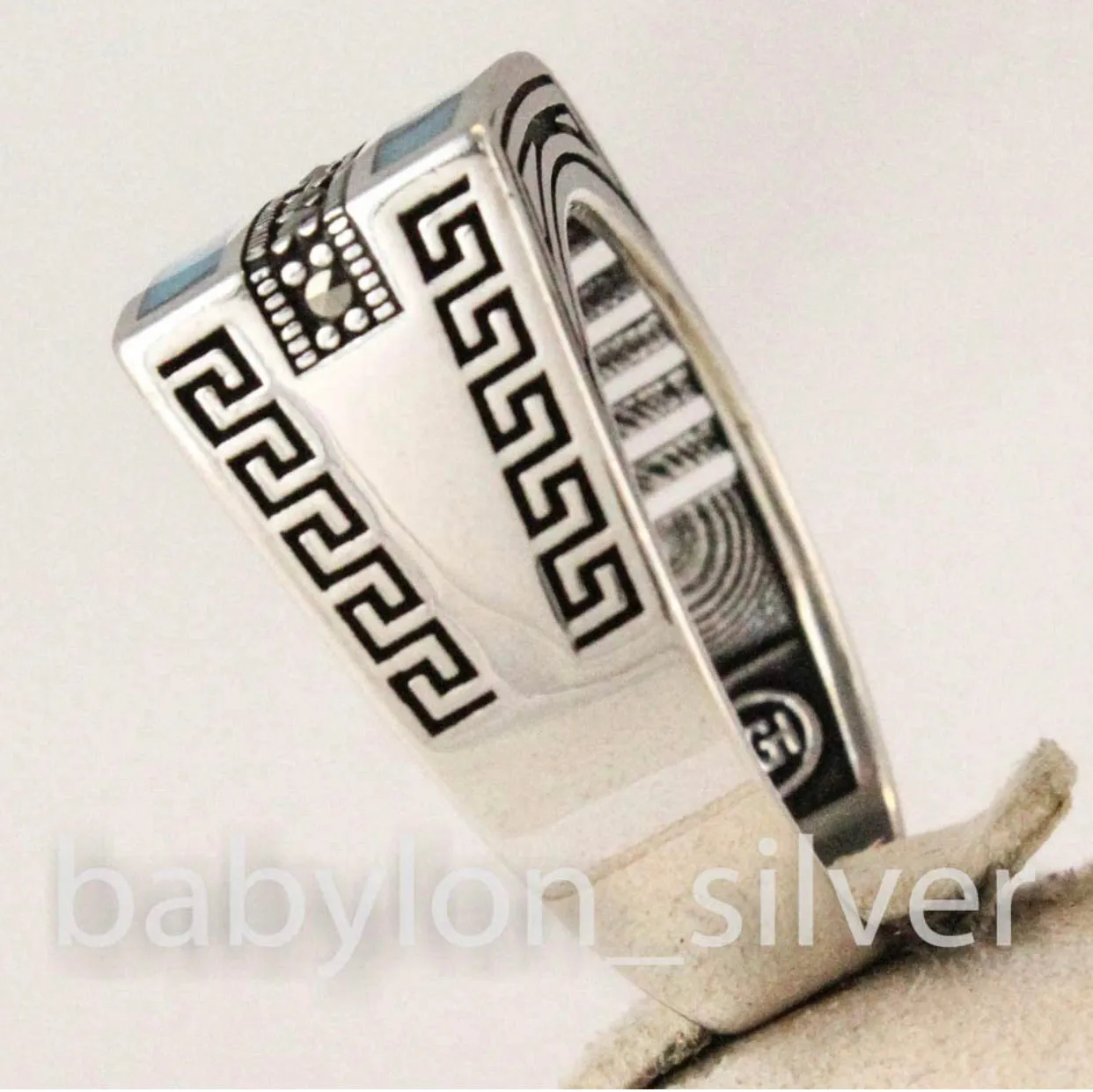 Solid 925 Sterling Silver Turkish Handmade Marcasite & Simulated Turquoise Luxury Men's Ring