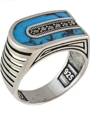 Solid 925 Sterling Silver Turkish Handmade Marcasite & Simulated Turquoise Luxury Men's Ring