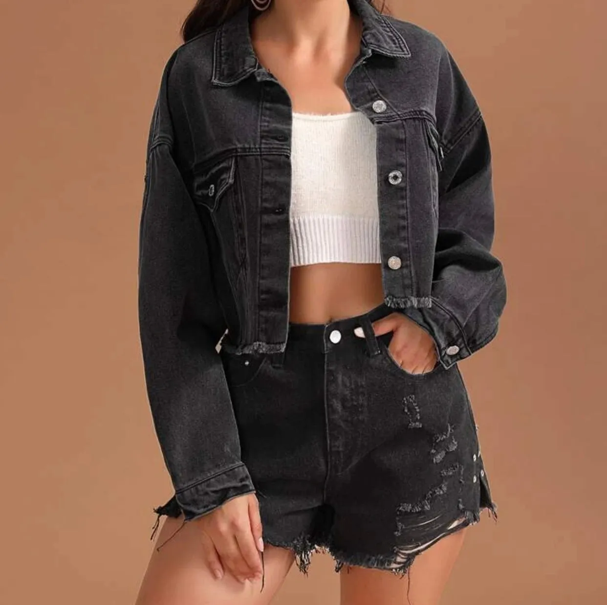 Solid raw hem shoulder denim jacket