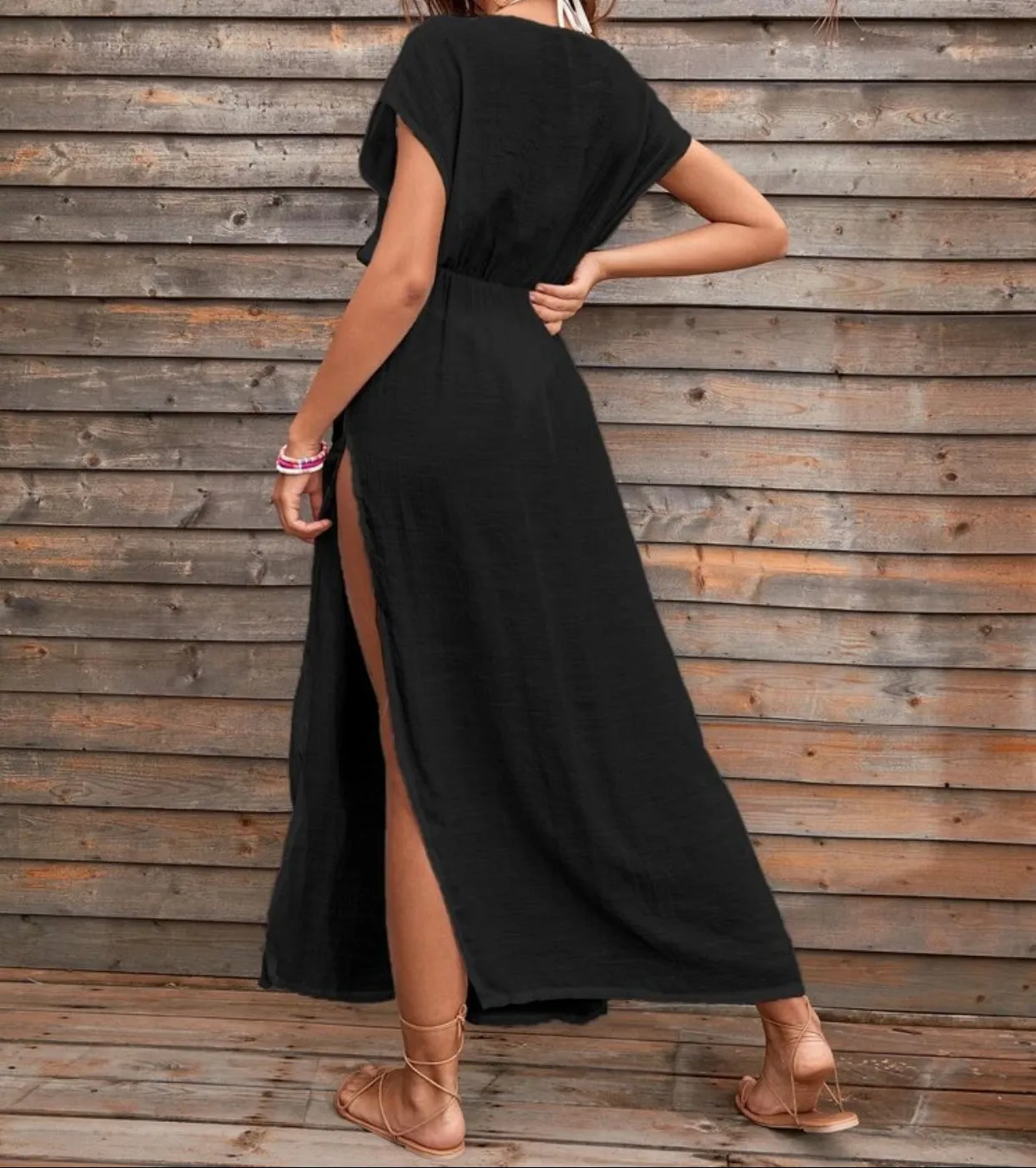 Split thigh drawstring waist cover up