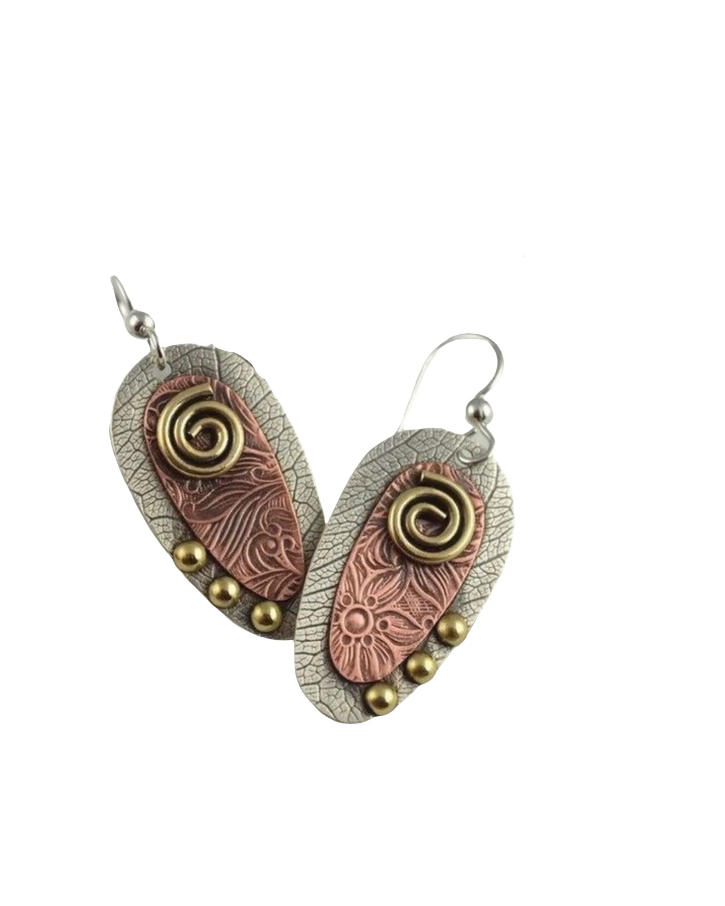 Textured metal three tone dangle earrings