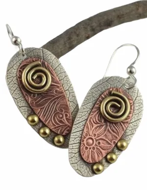 Textured metal three tone dangle earrings