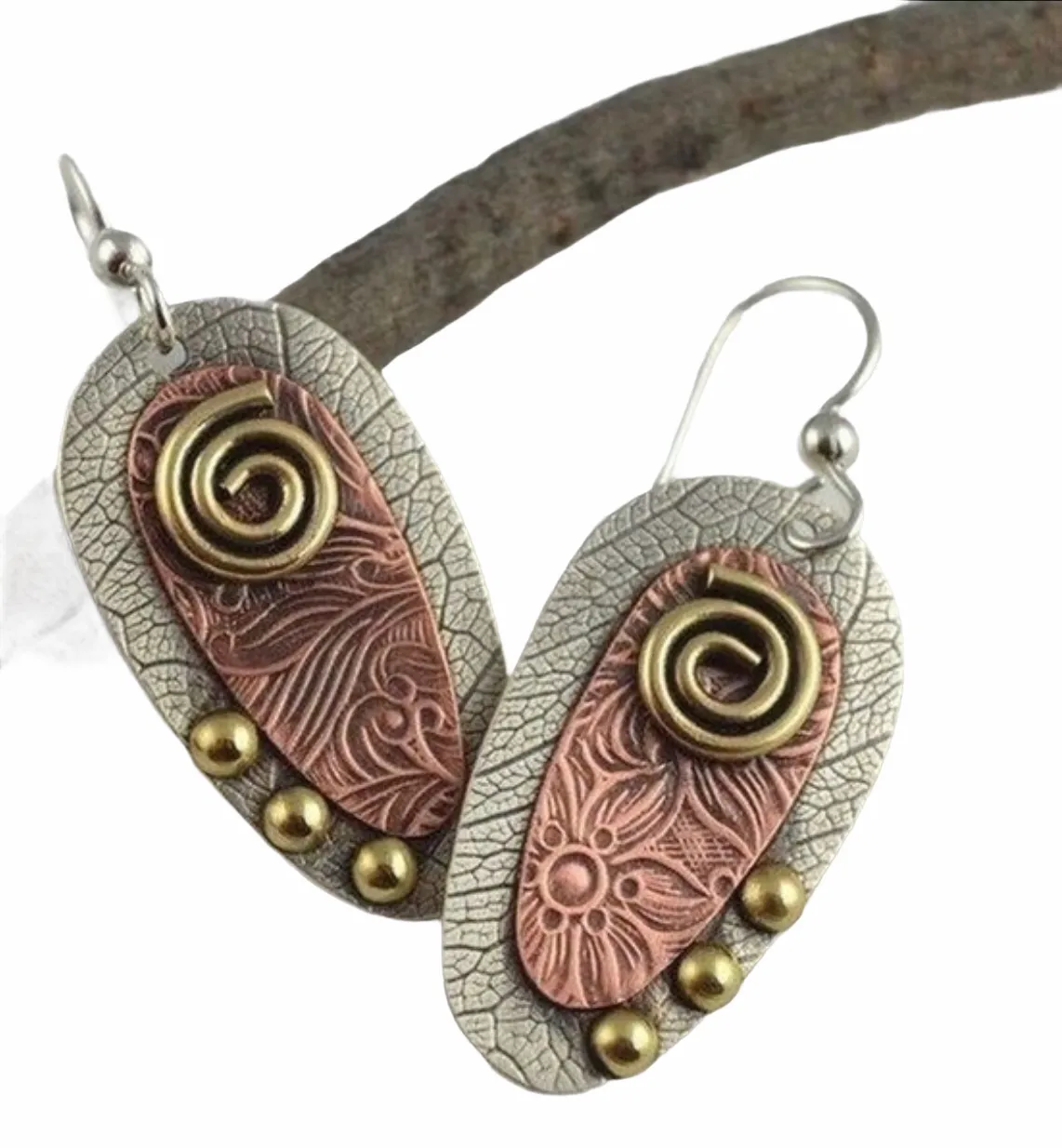 Textured metal three tone dangle earrings