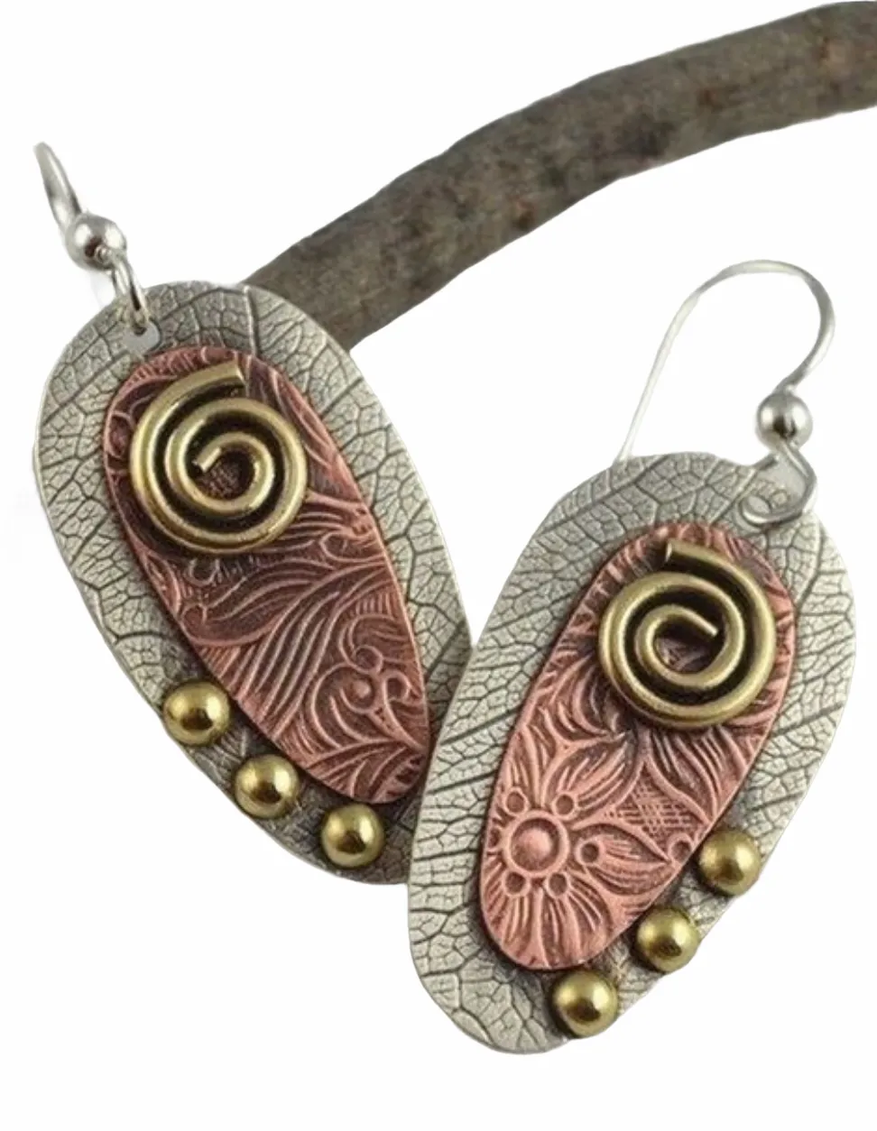 Textured metal three tone dangle earrings