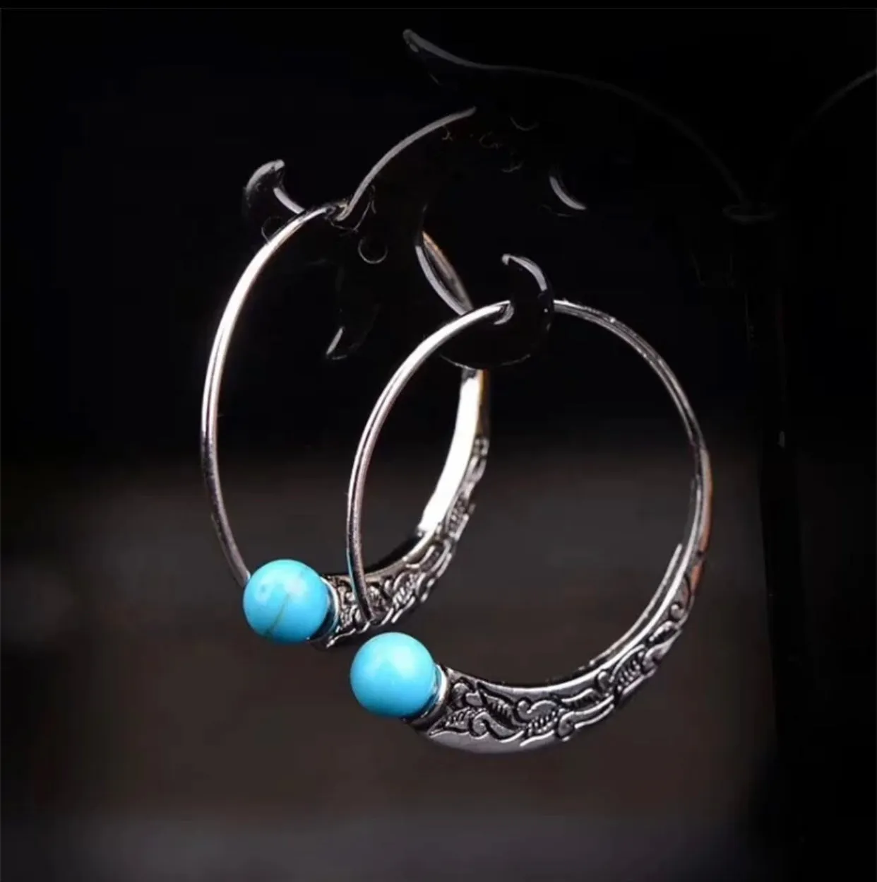 Thai silver turquoise hoop earrings