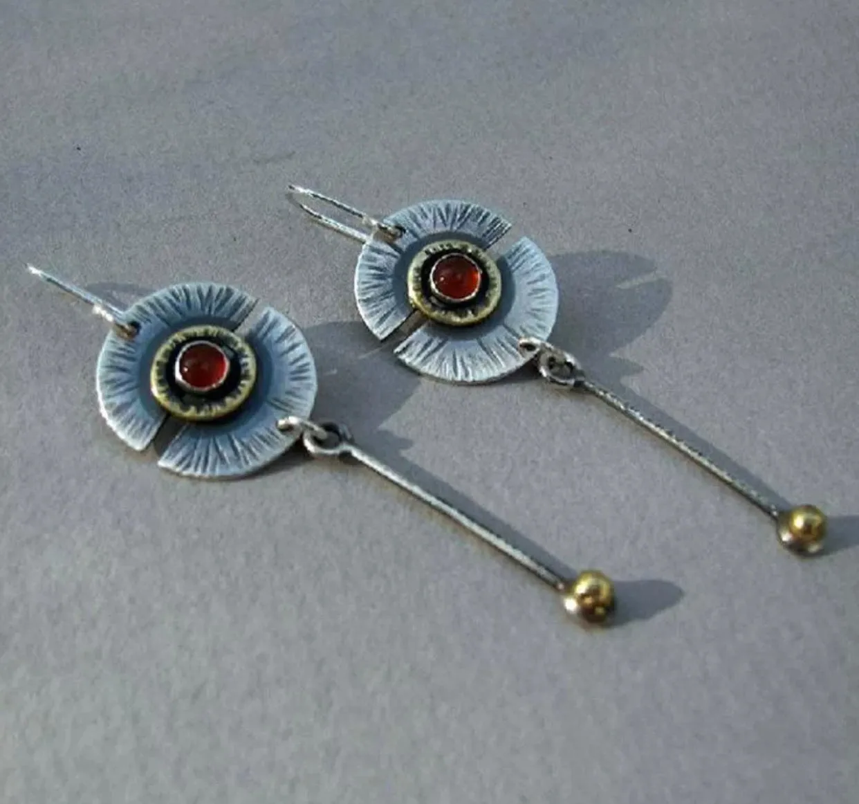 Tribal inspired half round red stone dangle earrings