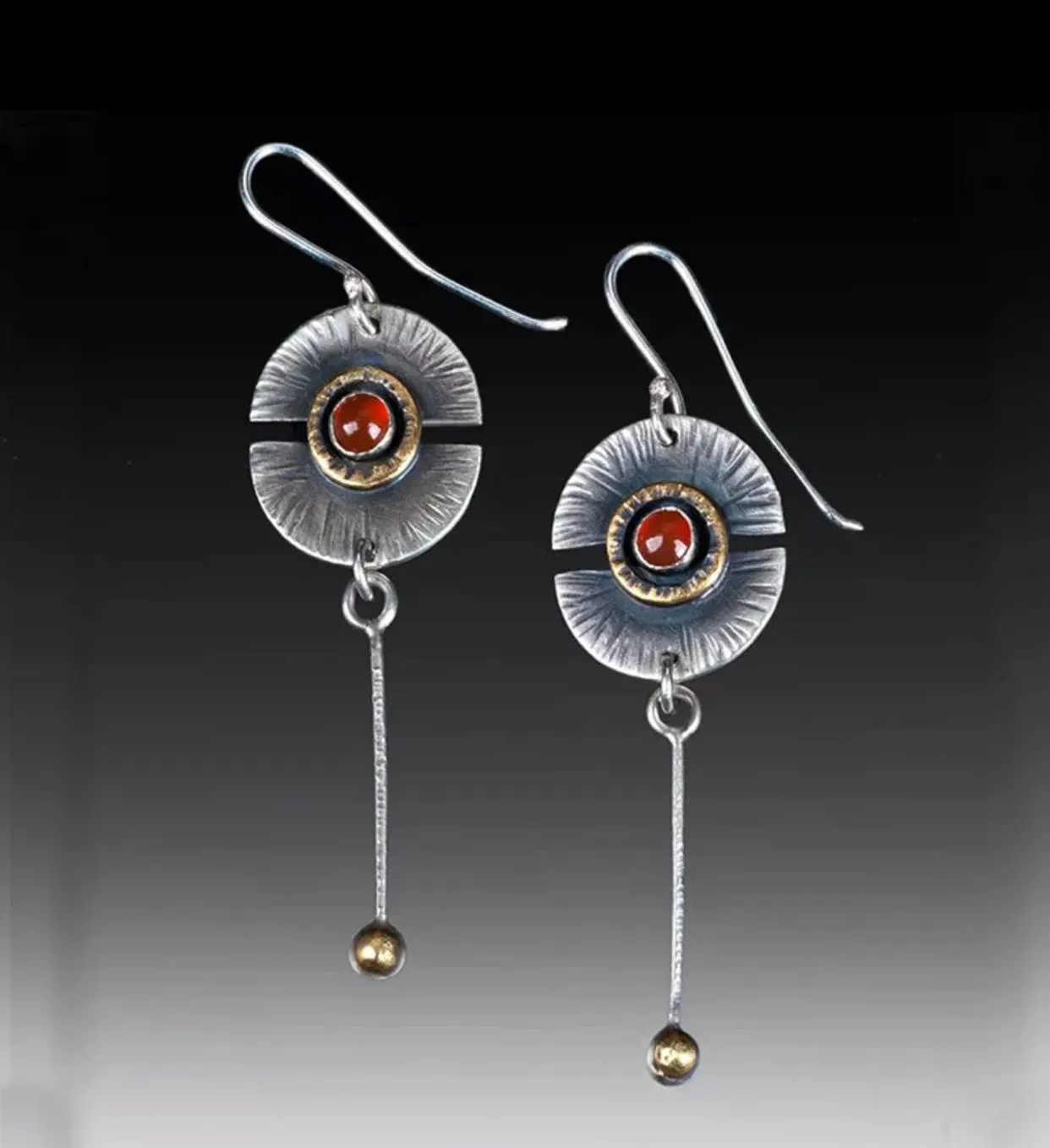 Tribal inspired half round red stone dangle earrings