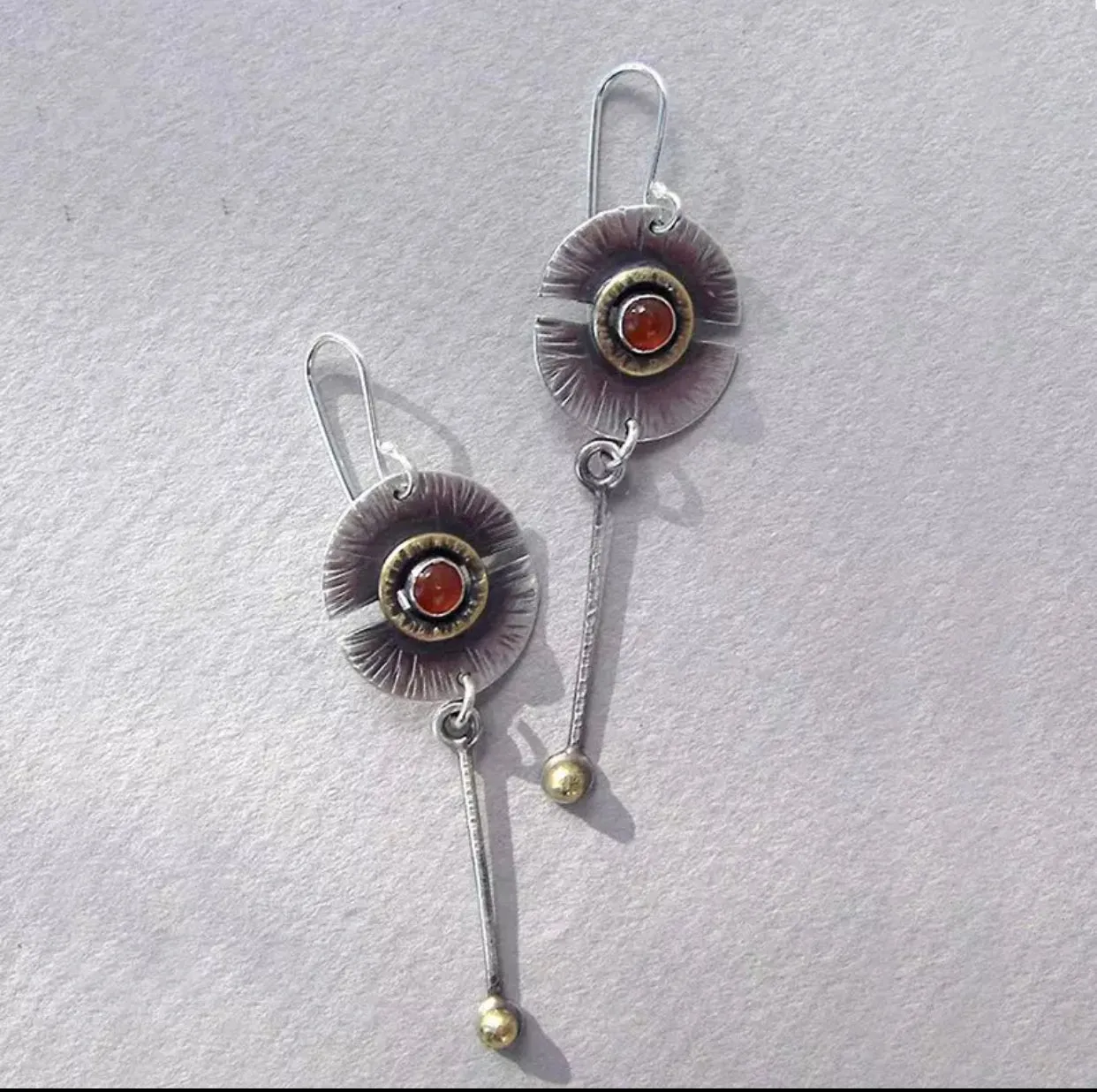 Tribal inspired half round red stone dangle earrings
