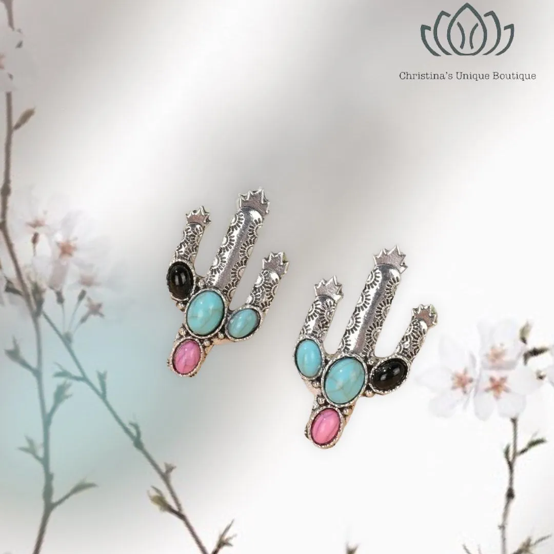 Turquoise decor cactus shaped stud earrings