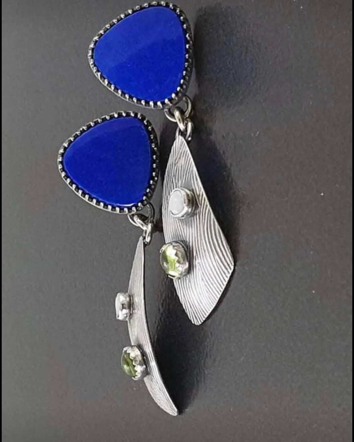 Unique blue abstract design peridot and Pearl dangle earrings