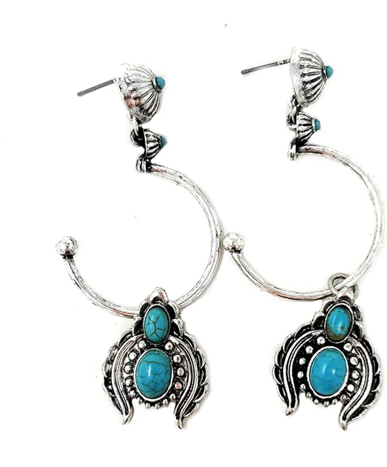 Western Turquoise Squash Blossom Dangling post Earrings Navajo