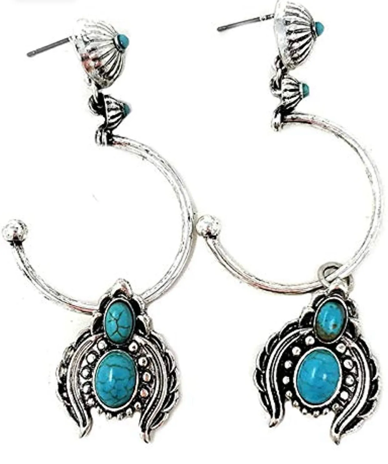 Western Turquoise Squash Blossom Dangling post Earrings Navajo