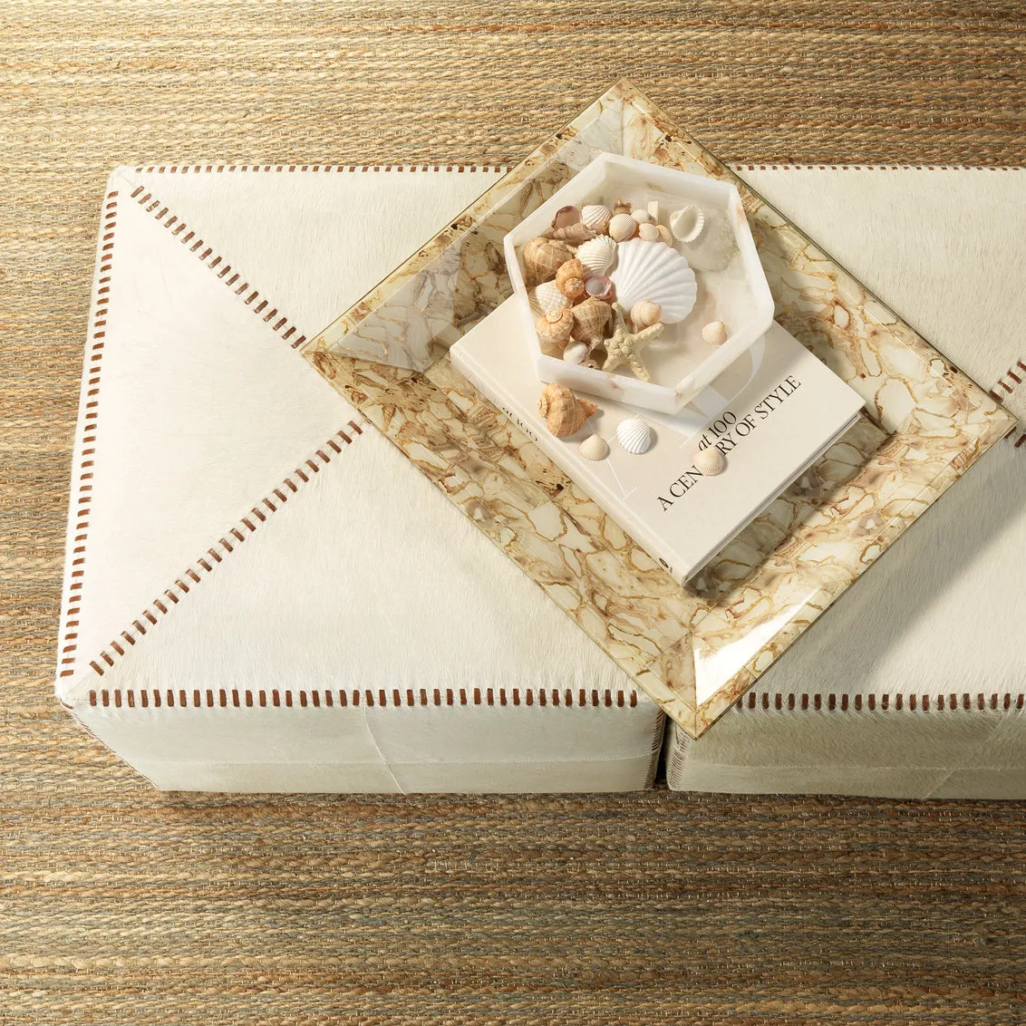 White Hide Ottoman, Large